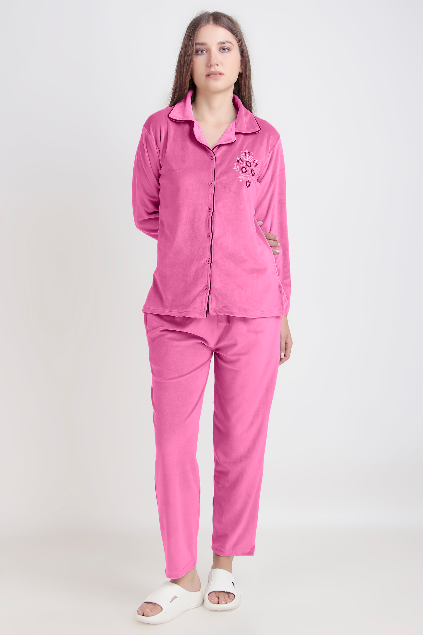 Velvet Collar Nightsuit with Buttons and Side Embroidery