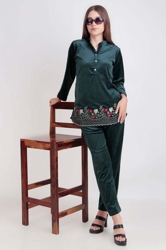 Corduroy Co-ord Set - Embroidered, Half-Buttoned Design