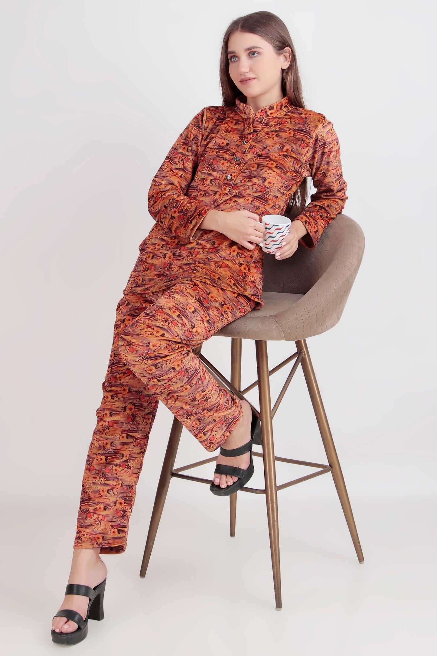 Velvet Co-ord Set - All-Over Digital Print with Buttons