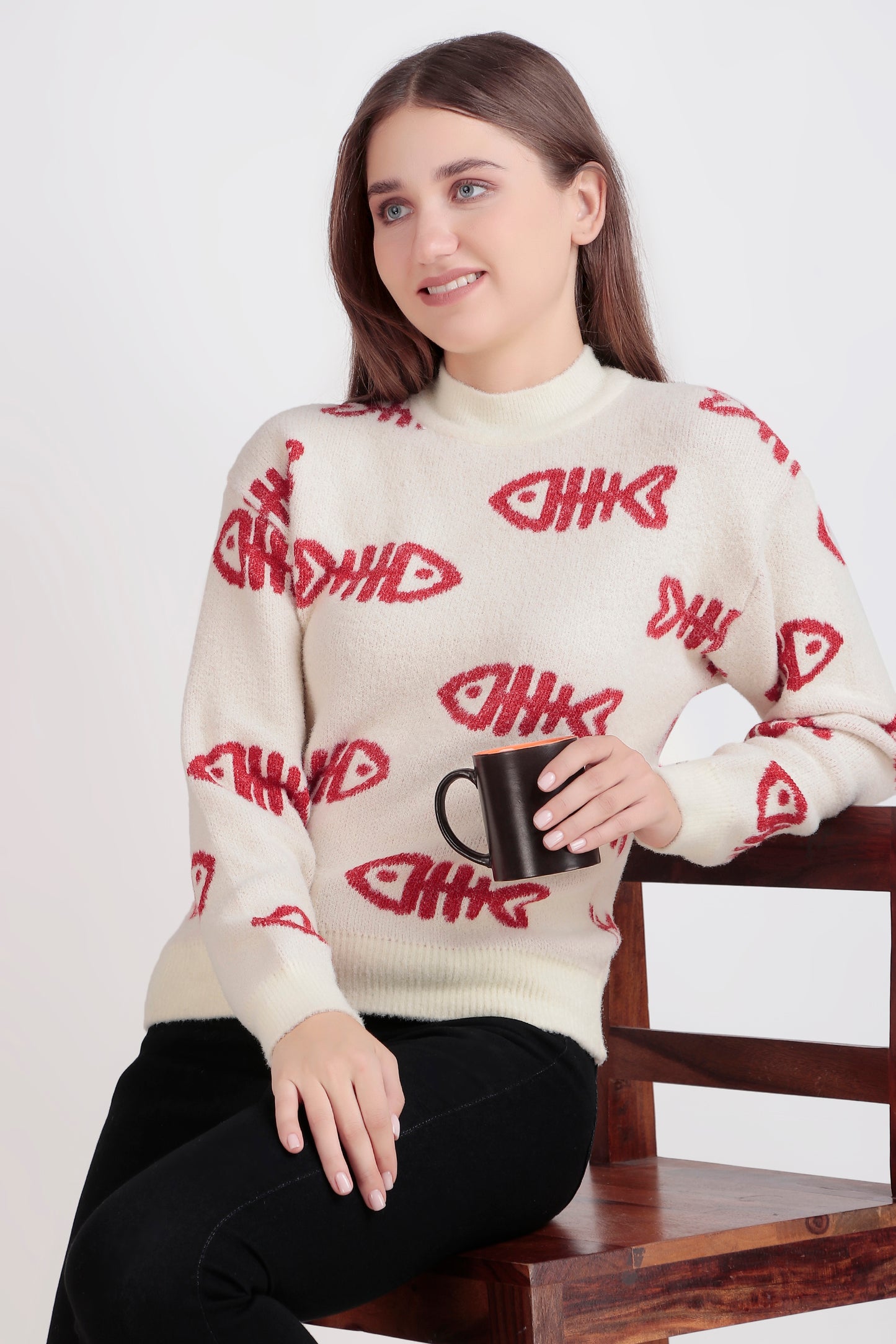 Women's Crop Wool Sweater - Soft & Warm Pullover | Fish Print