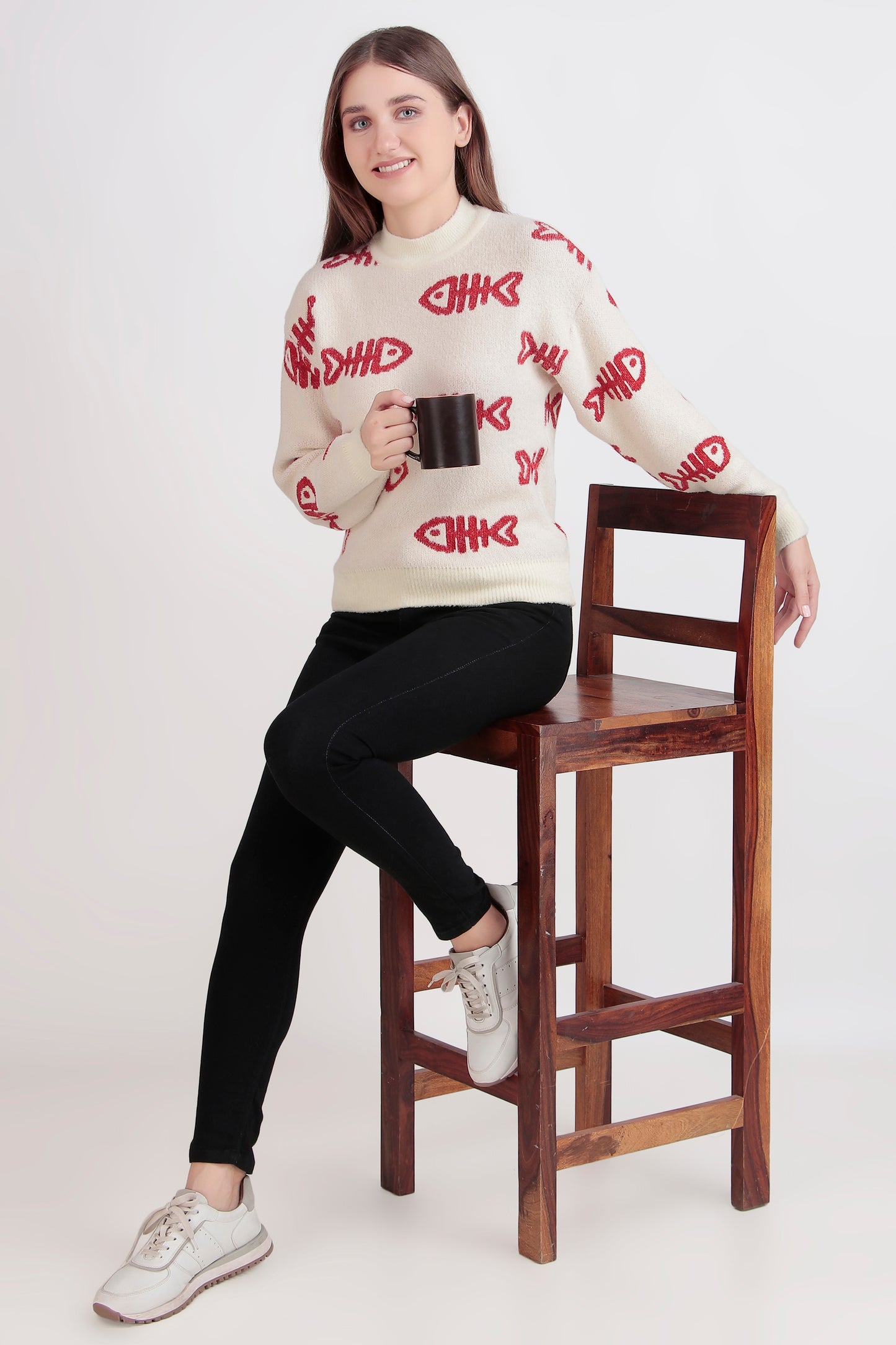 Women's Crop Wool Sweater - Soft & Warm Pullover | Fish Print