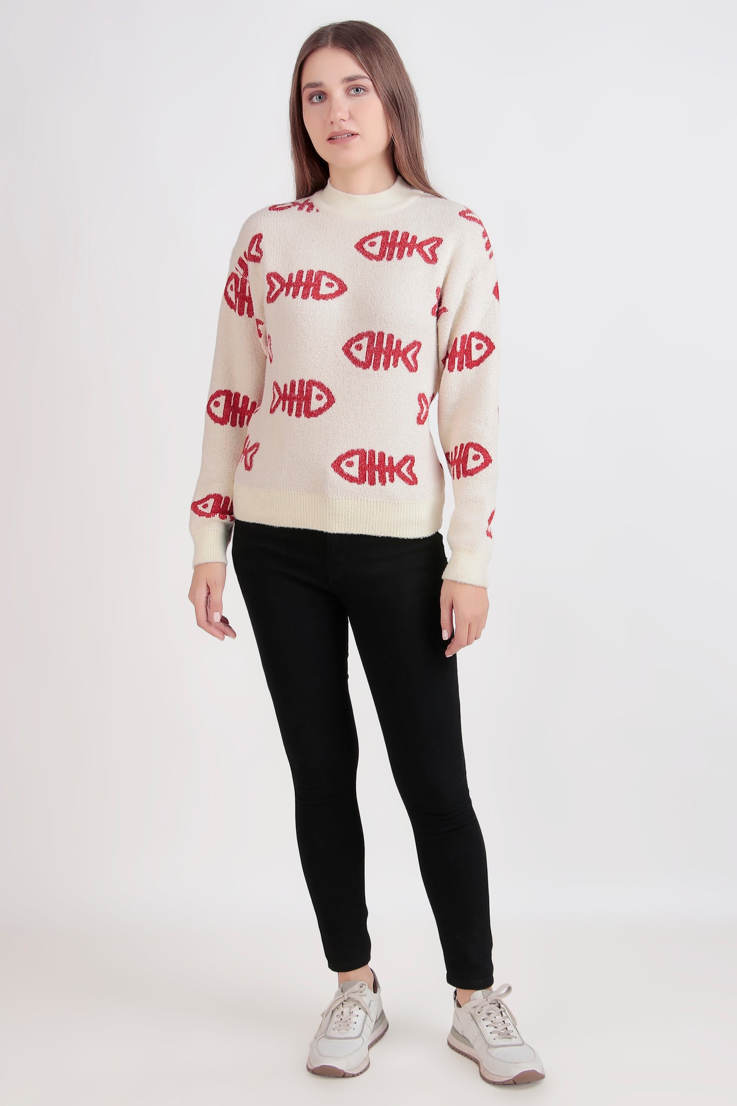 Women's Crop Wool Sweater - Soft & Warm Pullover | Fish Print