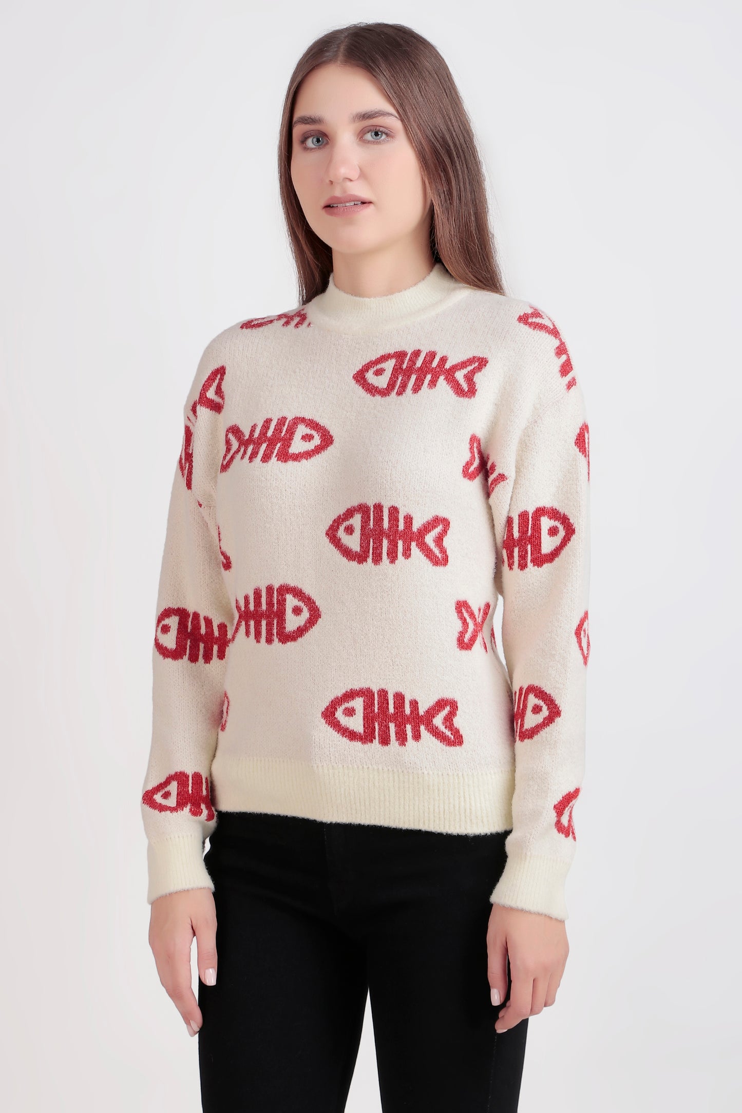 Women's Crop Wool Sweater - Soft & Warm Pullover | Fish Print