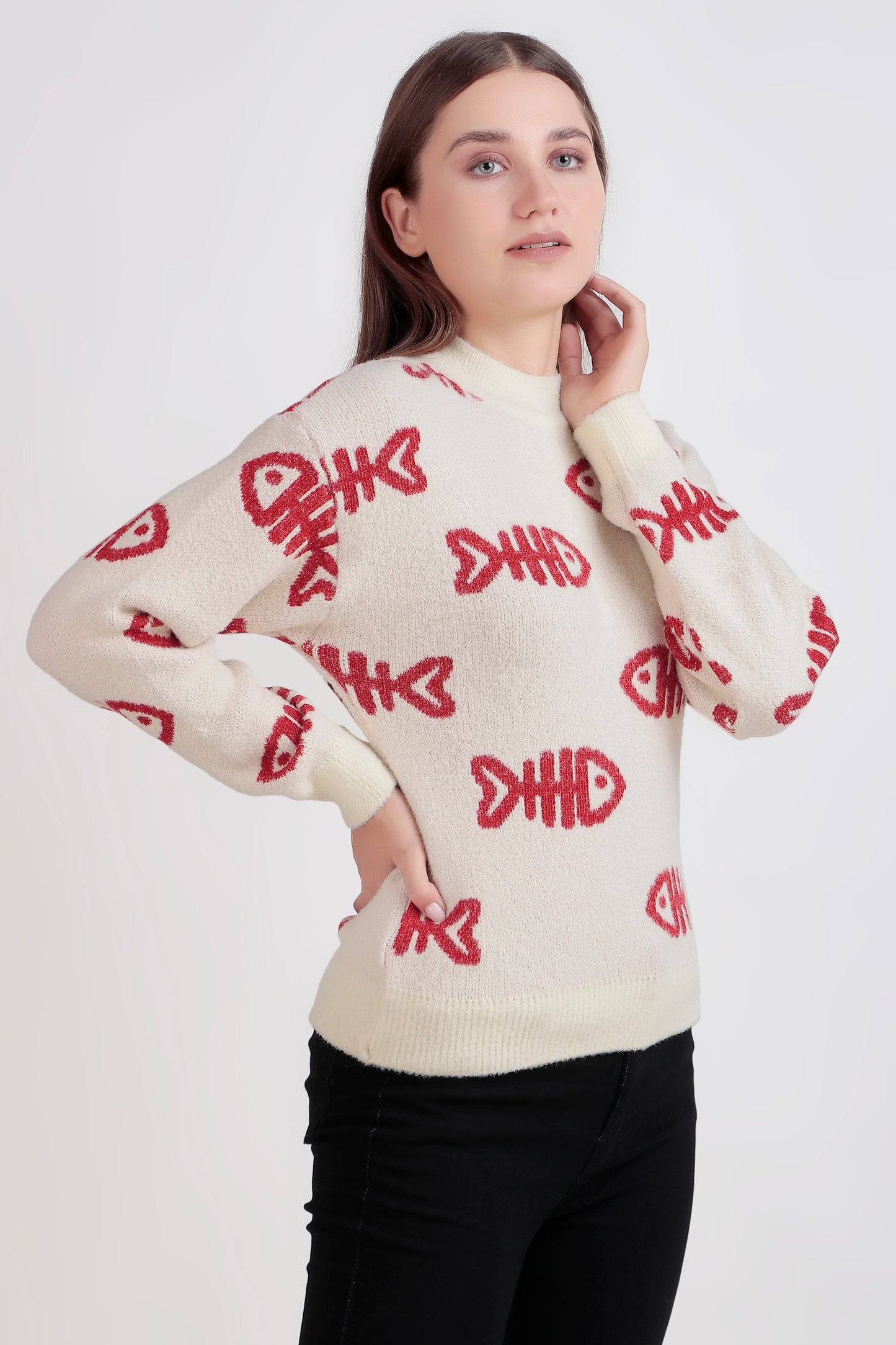 Women's Crop Wool Sweater - Soft & Warm Pullover | Fish Print