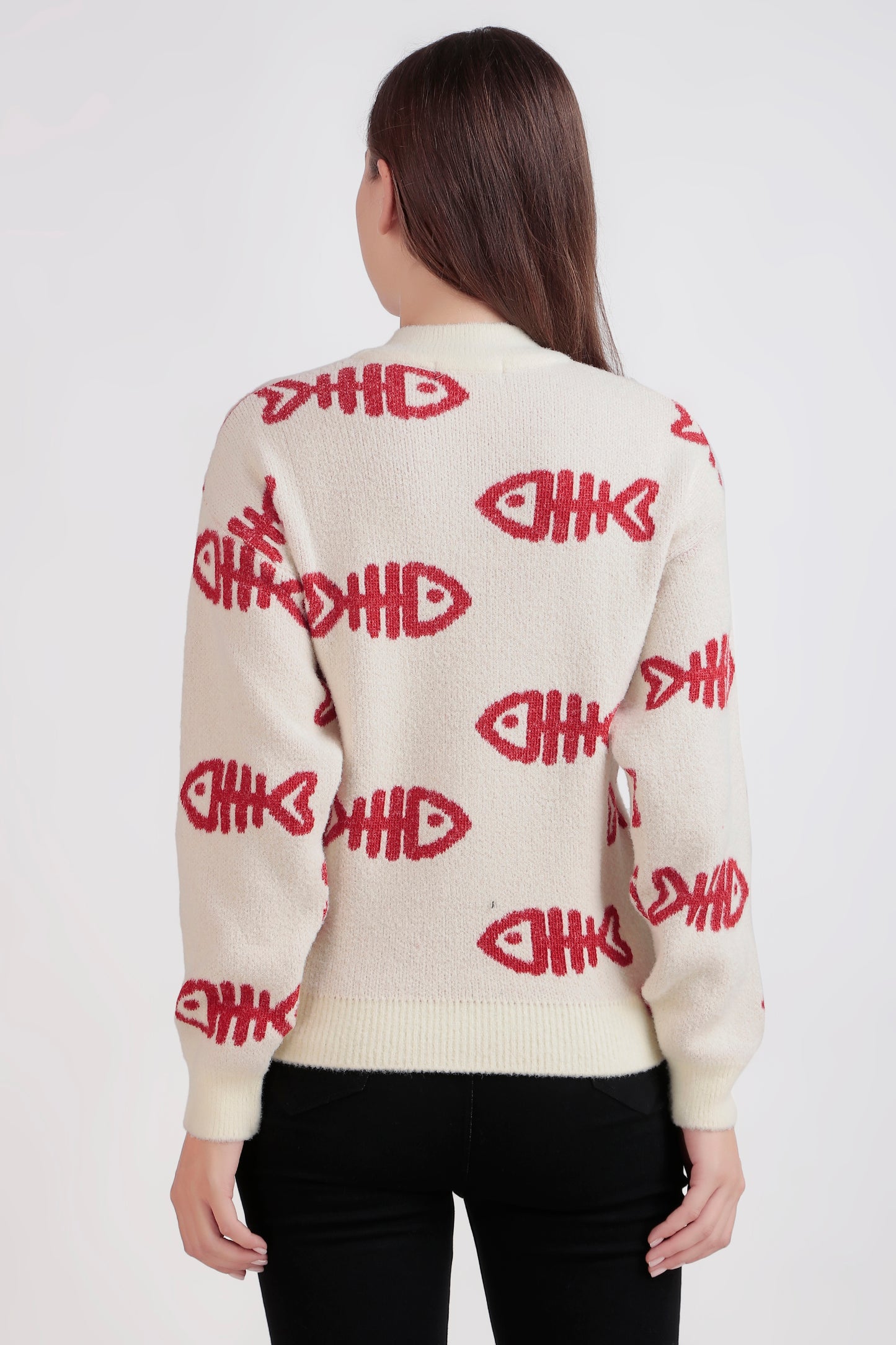 Women's Crop Wool Sweater - Soft & Warm Pullover | Fish Print