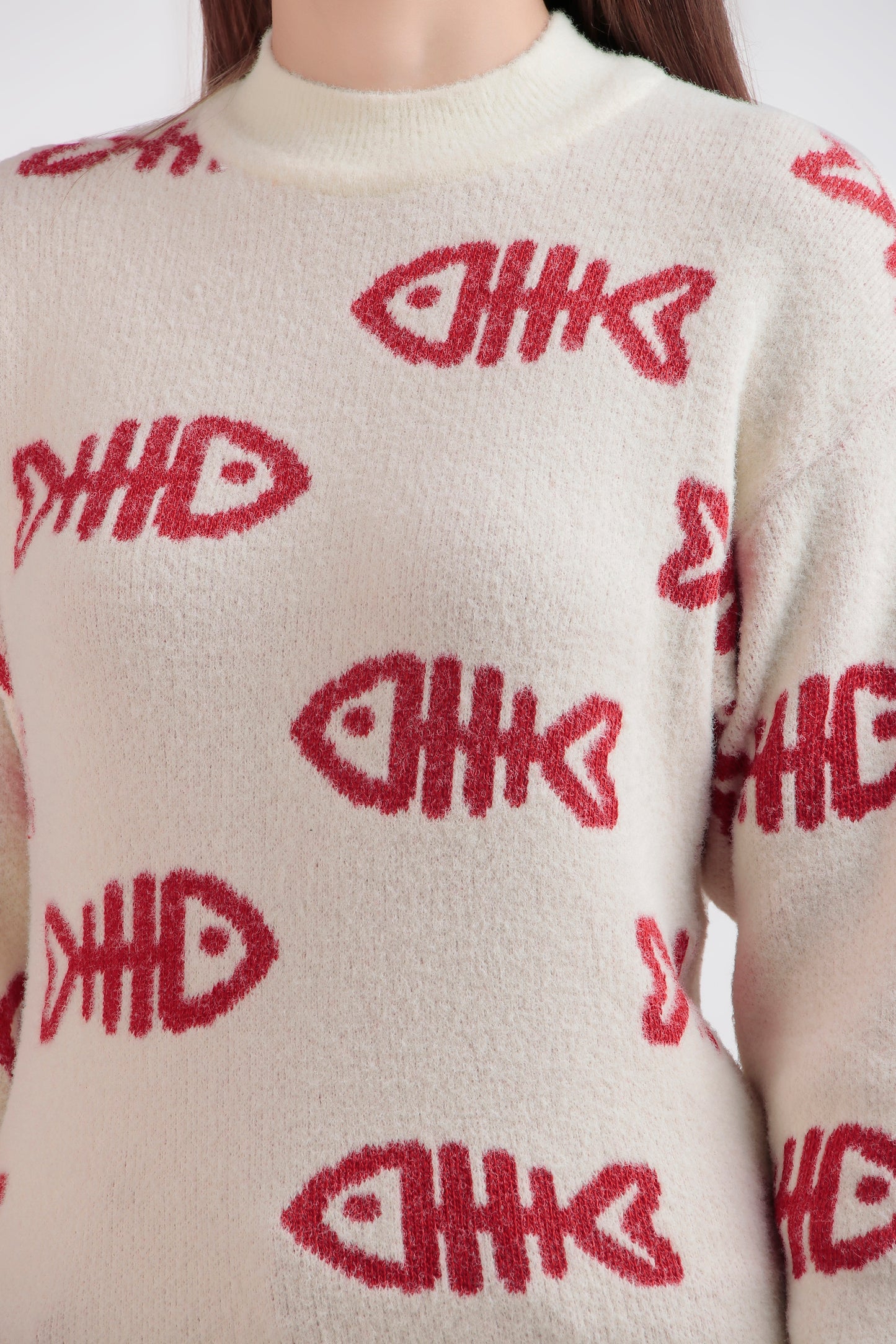 Women's Crop Wool Sweater - Soft & Warm Pullover | Fish Print