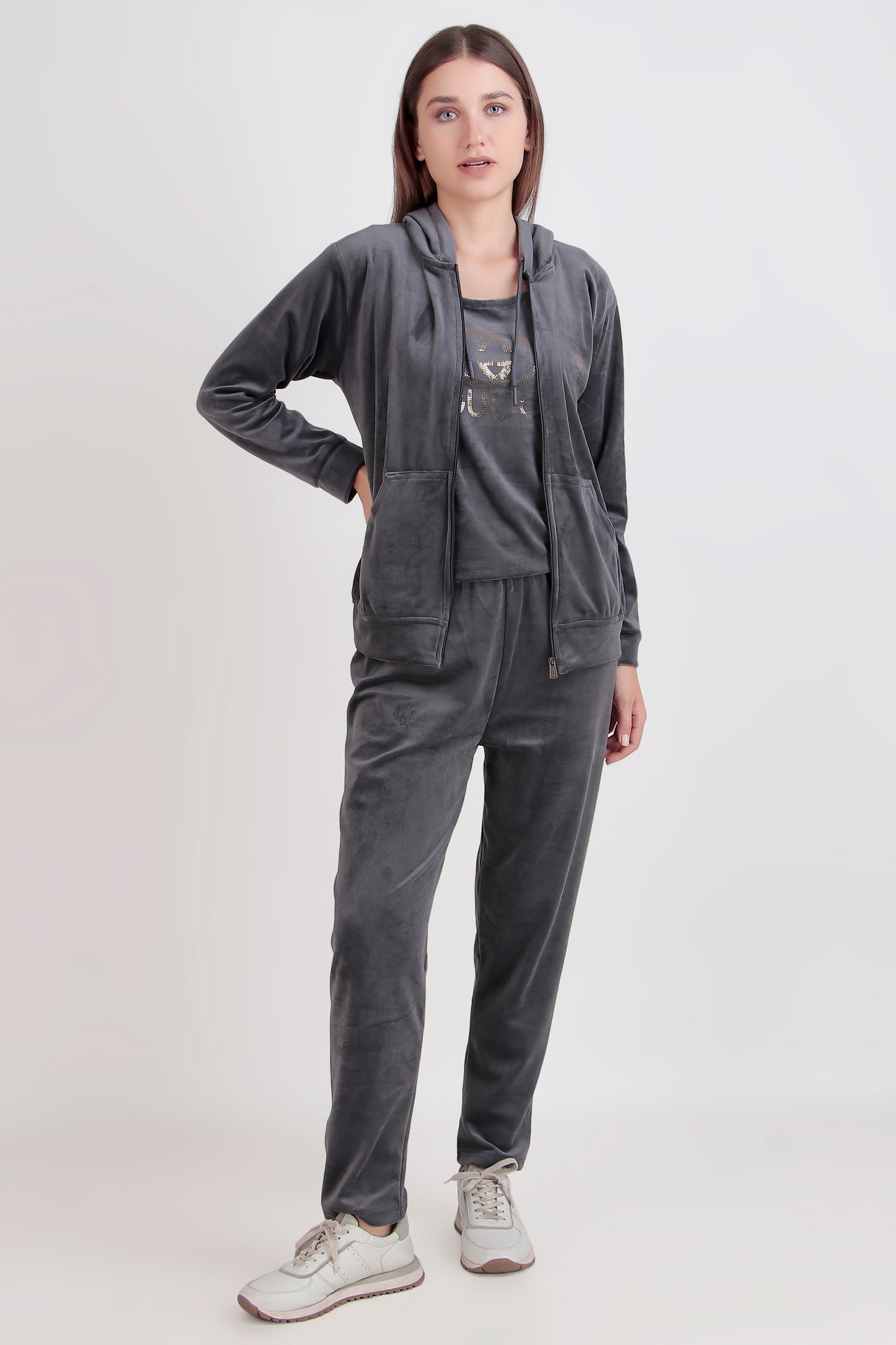 Velvet 3-Piece Tracksuit Set with Inner, Jacket and Pyjama