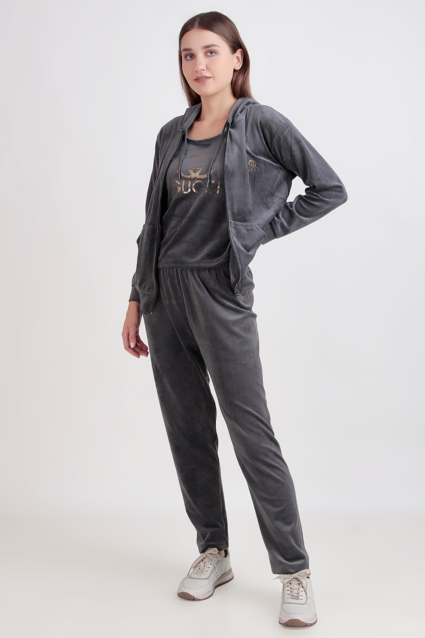 Velvet 3-Piece Tracksuit Set with Inner, Jacket and Pyjama