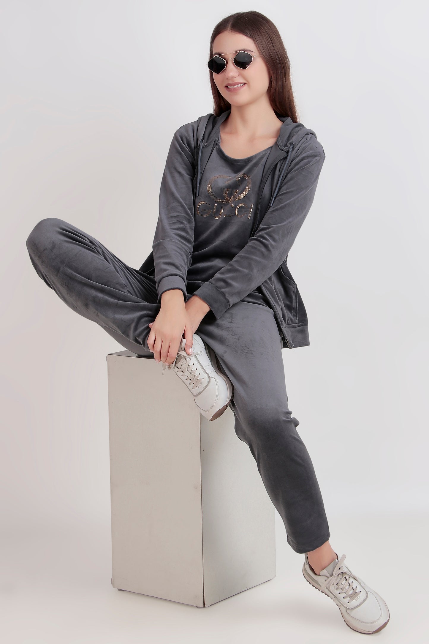Velvet 3-Piece Tracksuit Set with Inner, Jacket and Pyjama