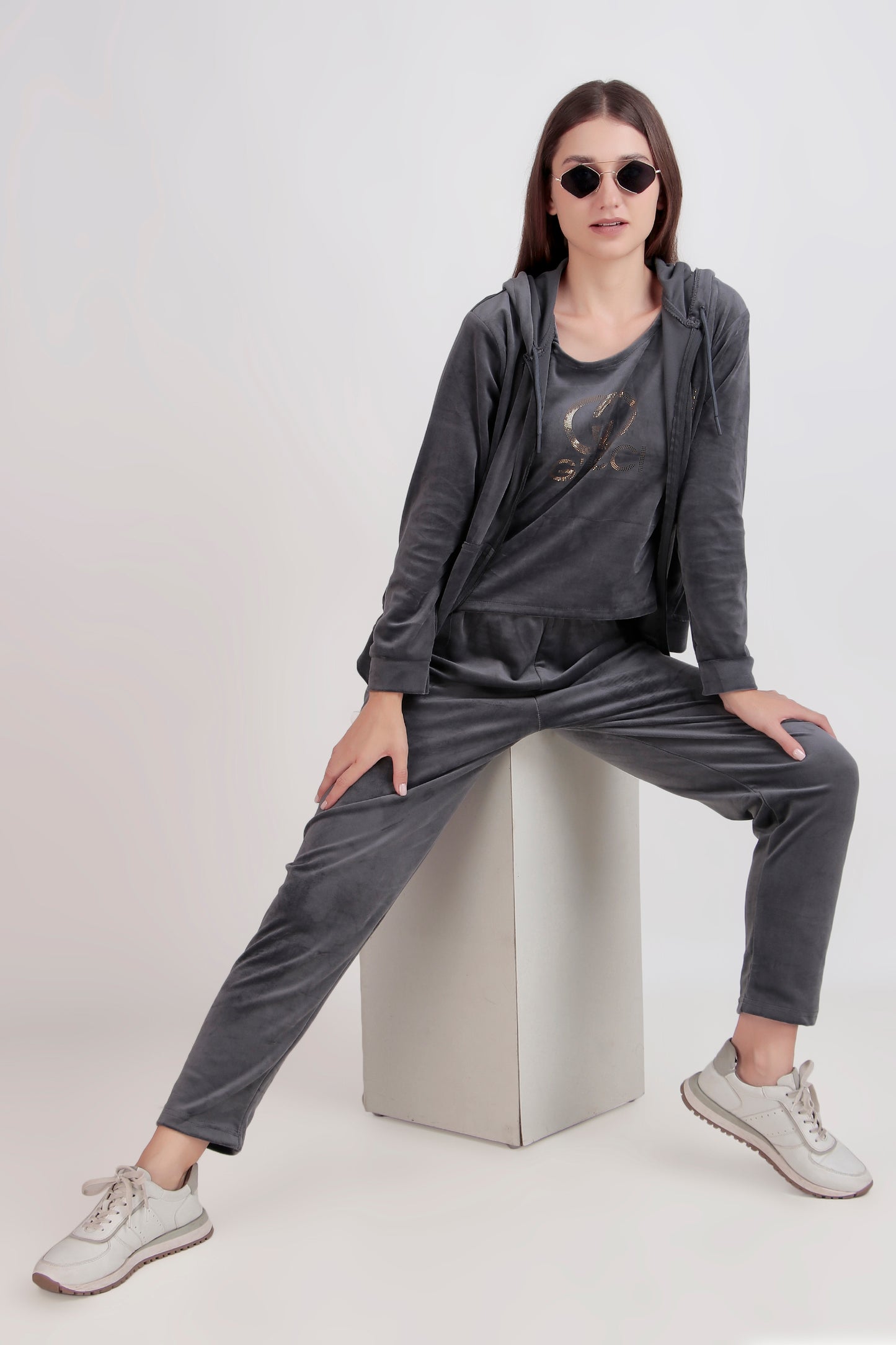 Velvet 3-Piece Tracksuit Set with Inner, Jacket and Pyjama