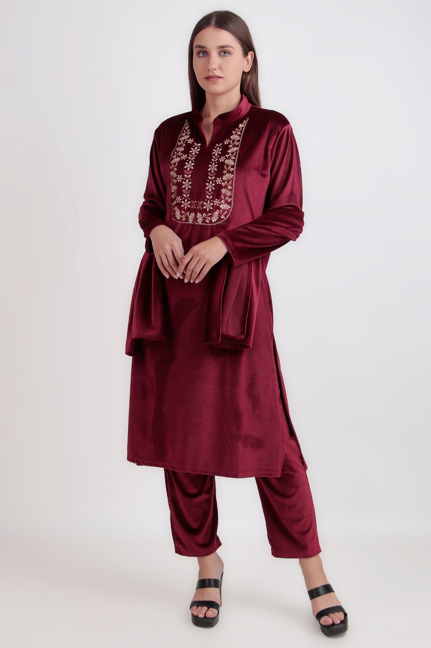 Premium Velvet Kurti Palazzo Set with short stole - 3 Piece Shiny Liberty Fabric