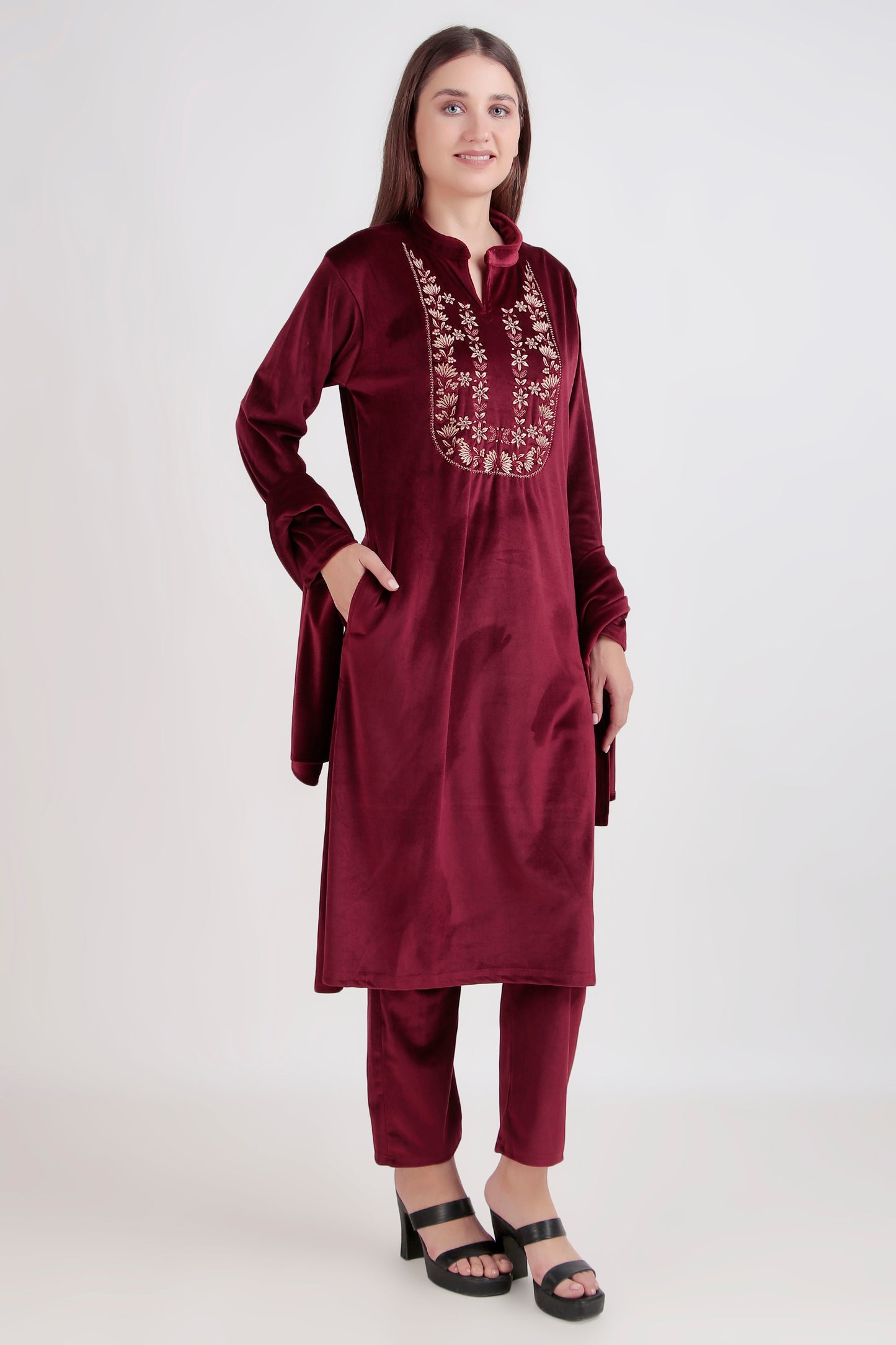 Premium Velvet Kurti Palazzo Set with short stole - 3 Piece Shiny Liberty Fabric