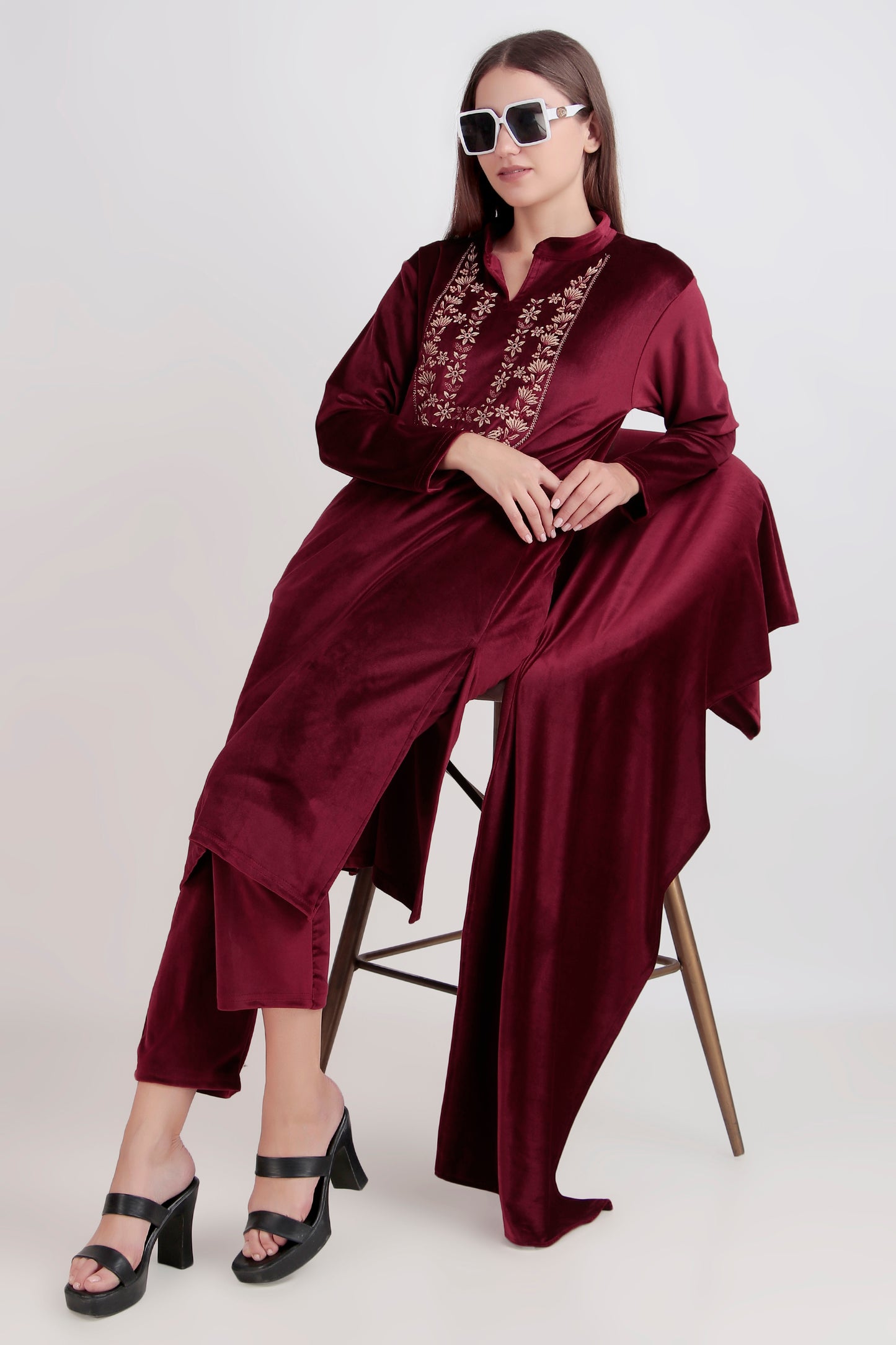Premium Velvet Kurti Palazzo Set with short stole - 3 Piece Shiny Liberty Fabric