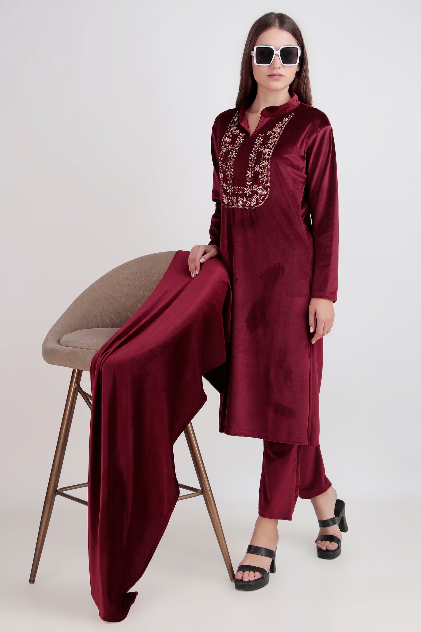 Premium Velvet Kurti Palazzo Set with short stole - 3 Piece Shiny Liberty Fabric