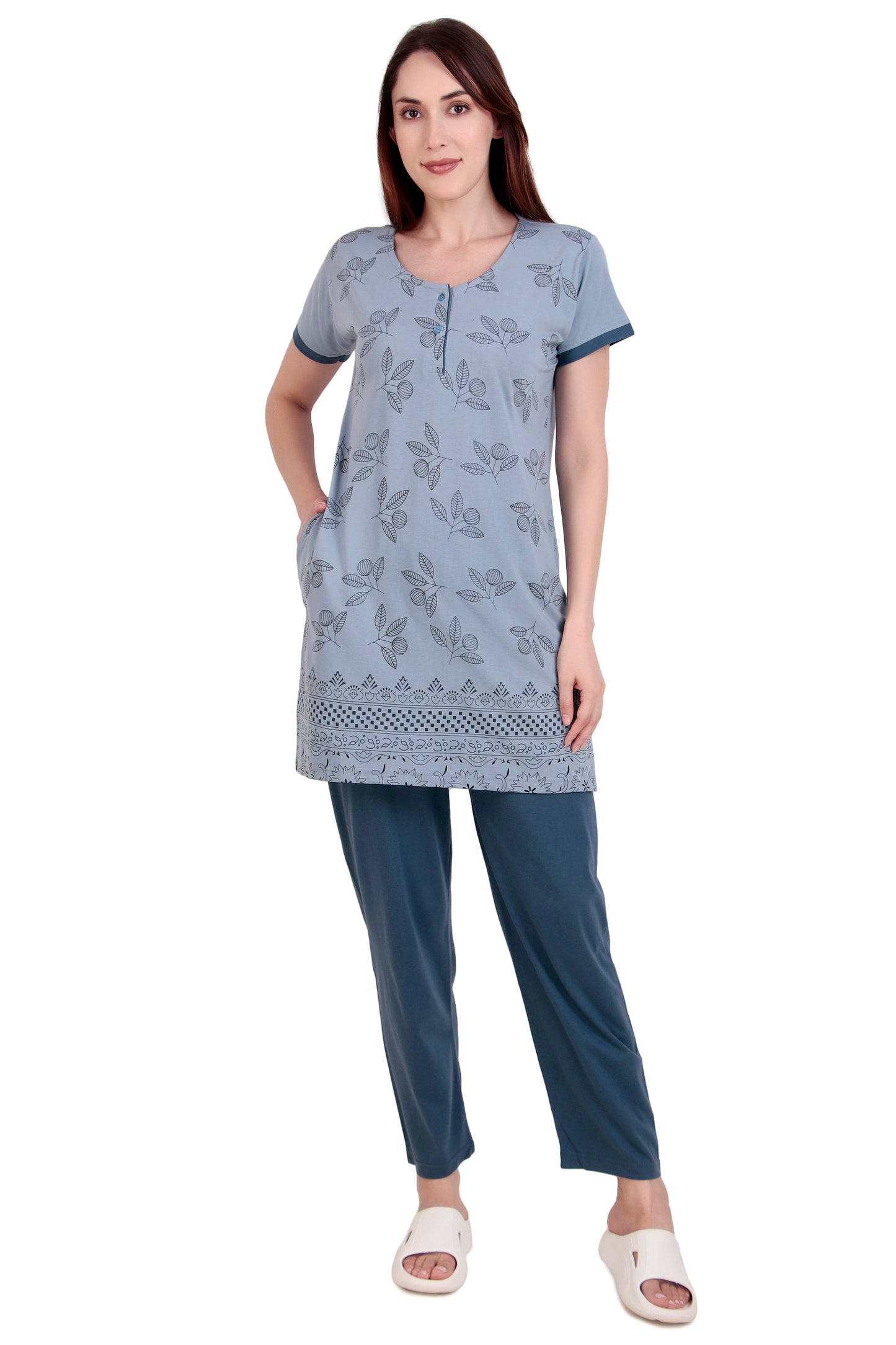 D-LINE Women's Cotton Nightwear Set – Long Top & Pajama with Buttoned Neck Design (#2950)