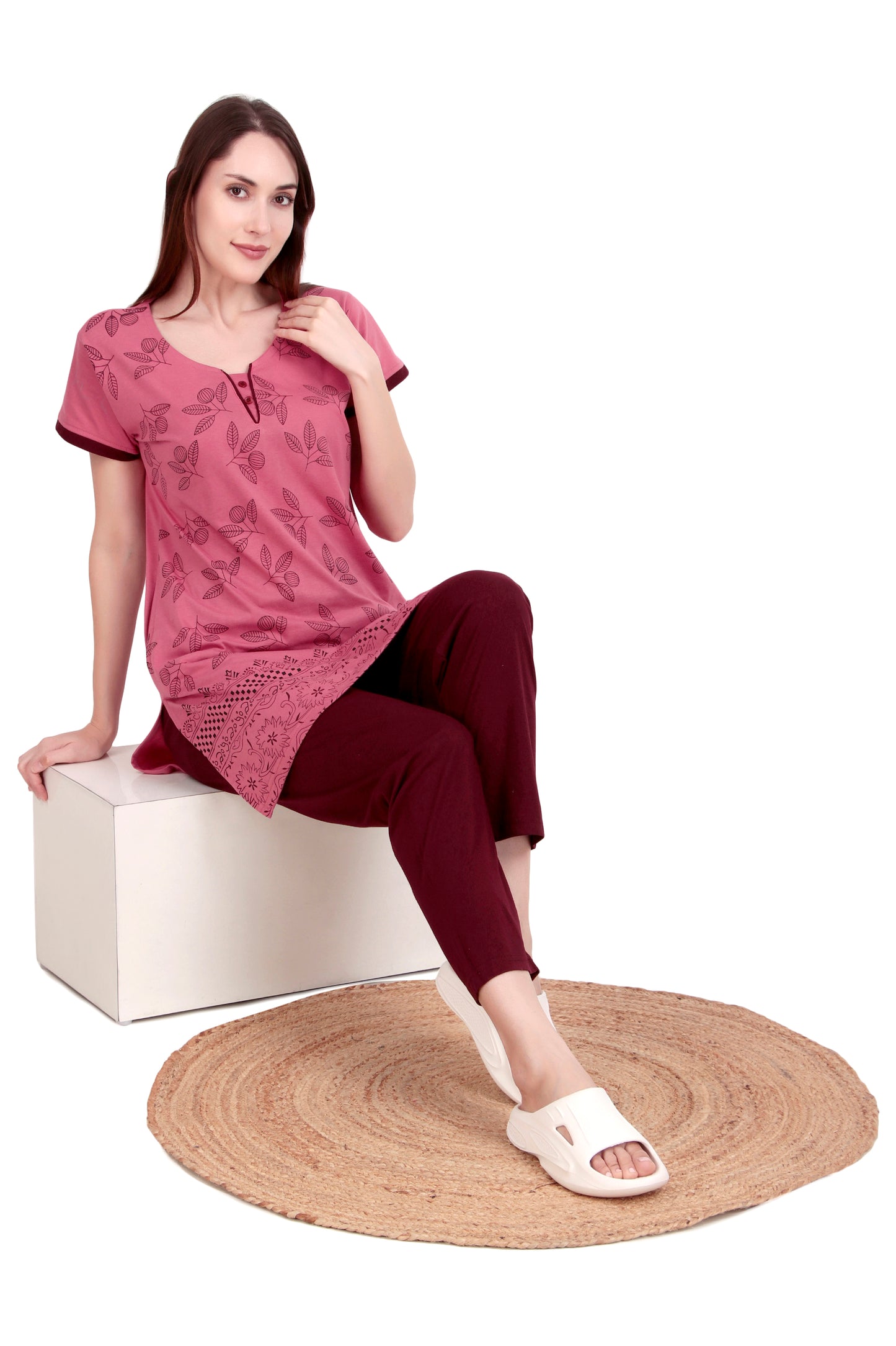 D-LINE Women's Cotton Nightwear Set – Long Top & Pajama with Buttoned Neck Design (#2950)