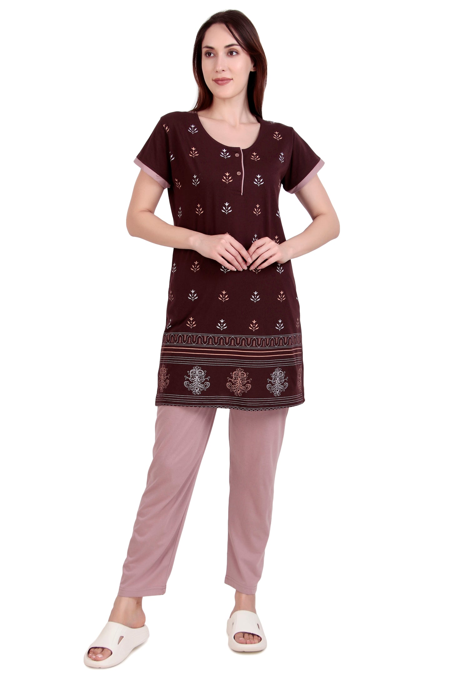 D-LINE Women's Cotton Nightwear Set – Long Top & Pajama with Buttoned Neck Design (#2950)