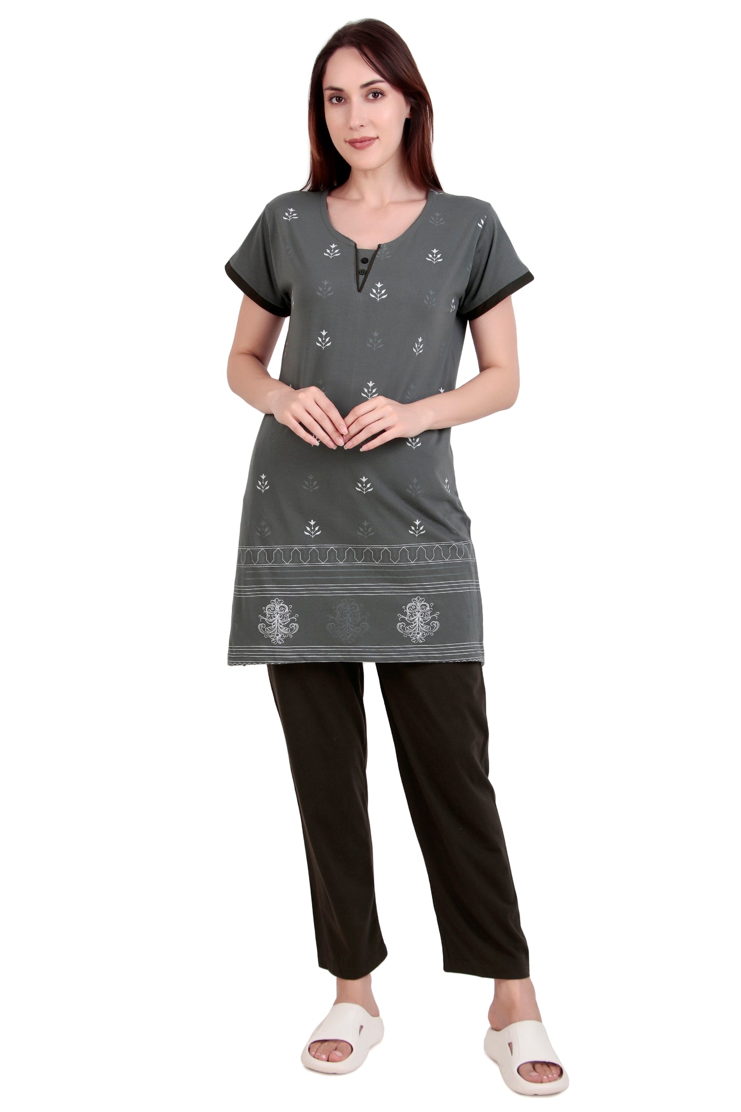 D-LINE Women's Cotton Nightwear Set – Long Top & Pajama with Buttoned Neck Design (#2950)