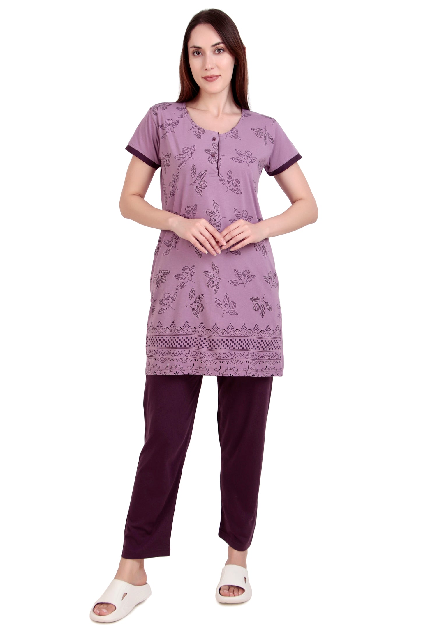 D-LINE Women's Cotton Nightwear Set – Long Top & Pajama with Buttoned Neck Design (#2950)