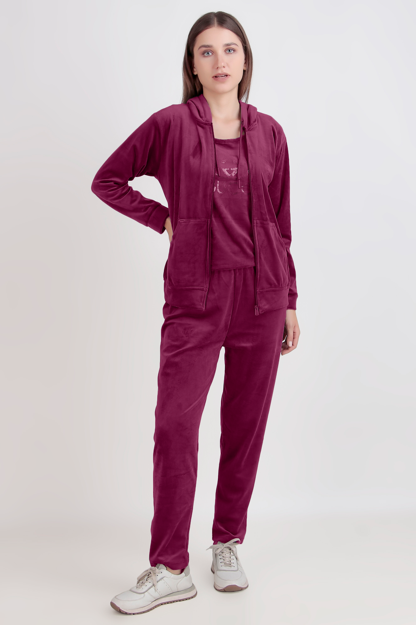 Velvet 3-Piece Tracksuit Set with Inner, Jacket and Pyjama