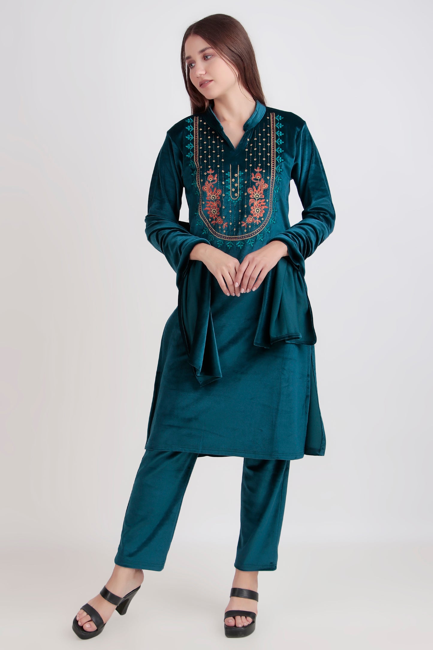 Velvet Kurti Palazzo Dupatta Set with short stole - 3 Piece Shiny Liberty Fabric (floral embroidery)