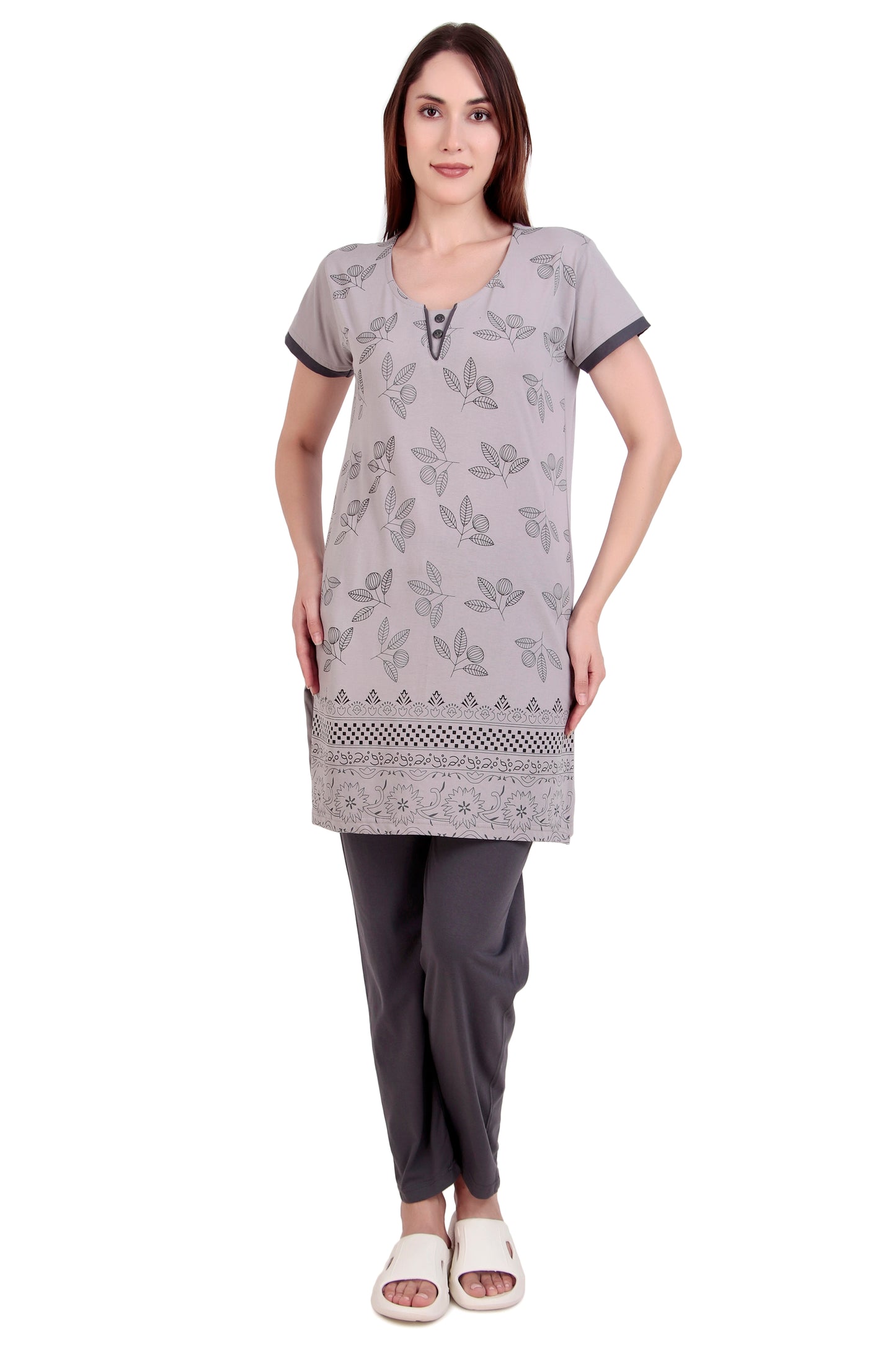 D-LINE Women's Cotton Nightwear Set – Long Top & Pajama with Buttoned Neck Design (#2950)