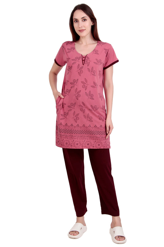 D-LINE Women's Cotton Nightwear Set – Long Top & Pajama with Buttoned Neck Design (#2950)