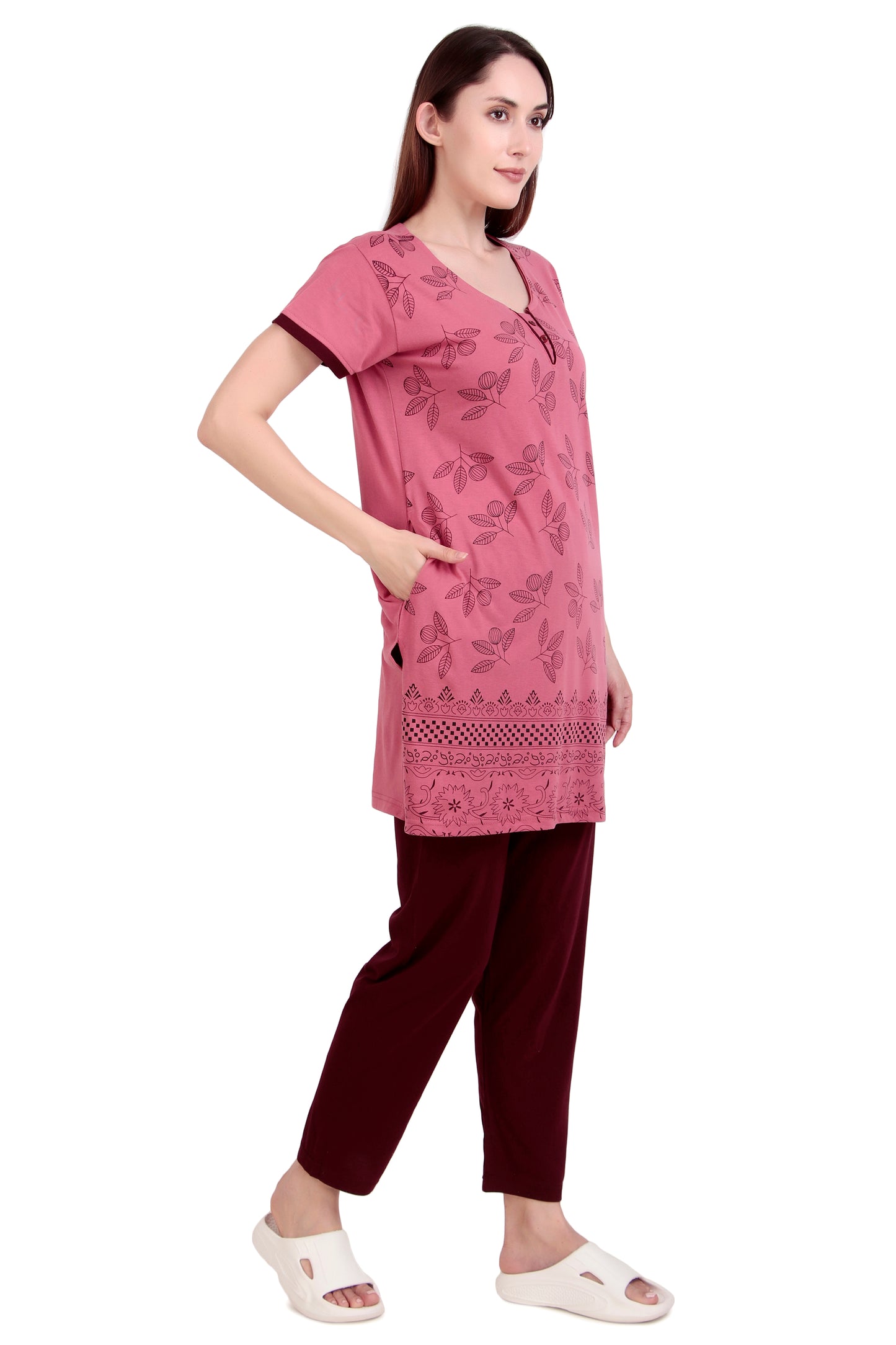 D-LINE Women's Cotton Nightwear Set – Long Top & Pajama with Buttoned Neck Design (#2950)