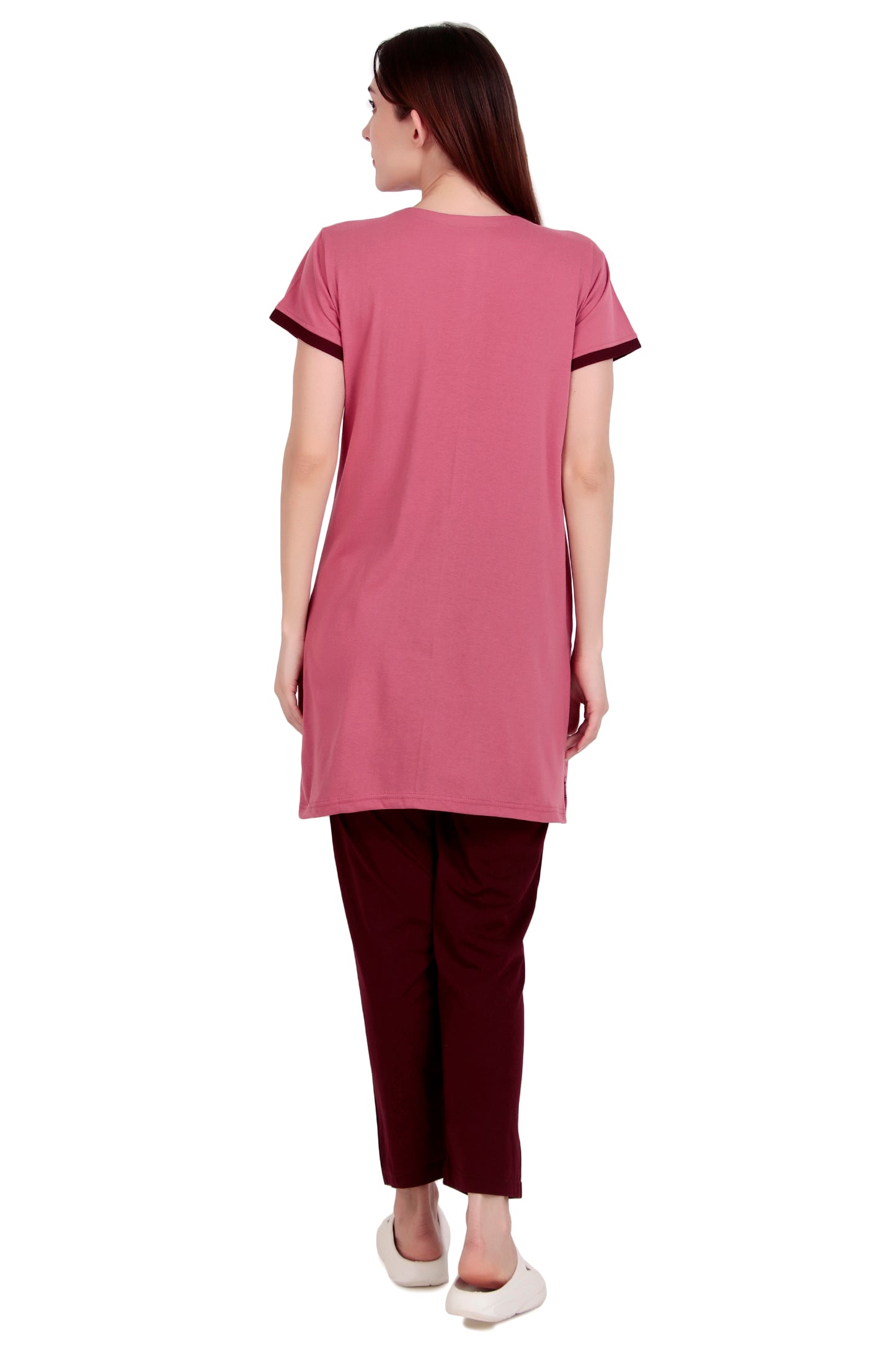 D-LINE Women's Cotton Nightwear Set – Long Top & Pajama with Buttoned Neck Design (#2950)