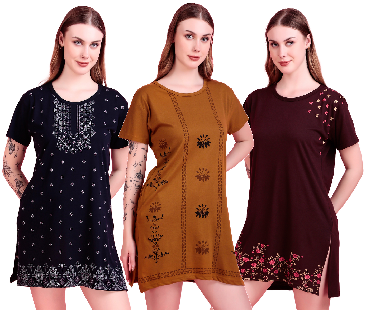 D-LINE Women's Cotton Printed Long Tshirt Combo (Pack of 3)