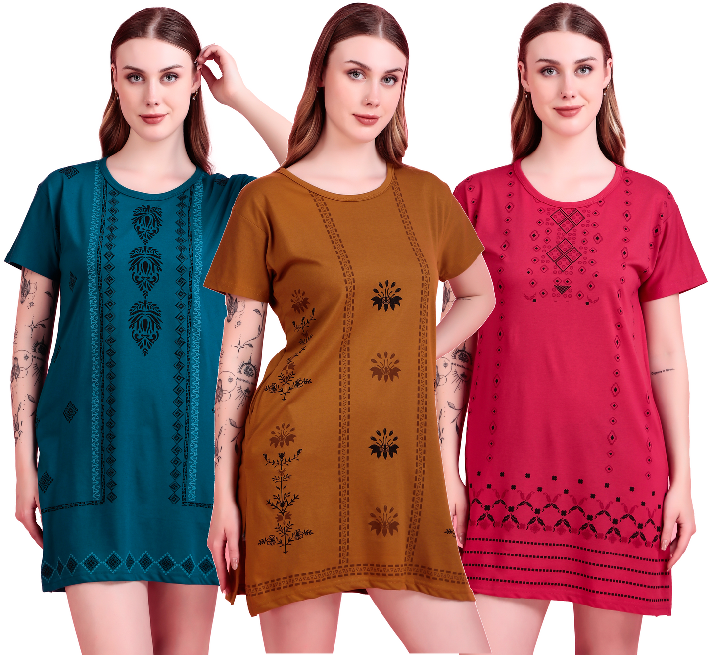 D-LINE Women's Cotton Printed Long Tshirt Combo (Pack of 3)